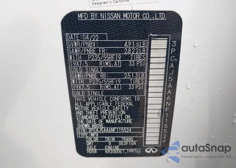 2022 Infiniti Qx50 Pure z USA, uszkodzony, nr VIN 3PCAJ5AA6NF115524